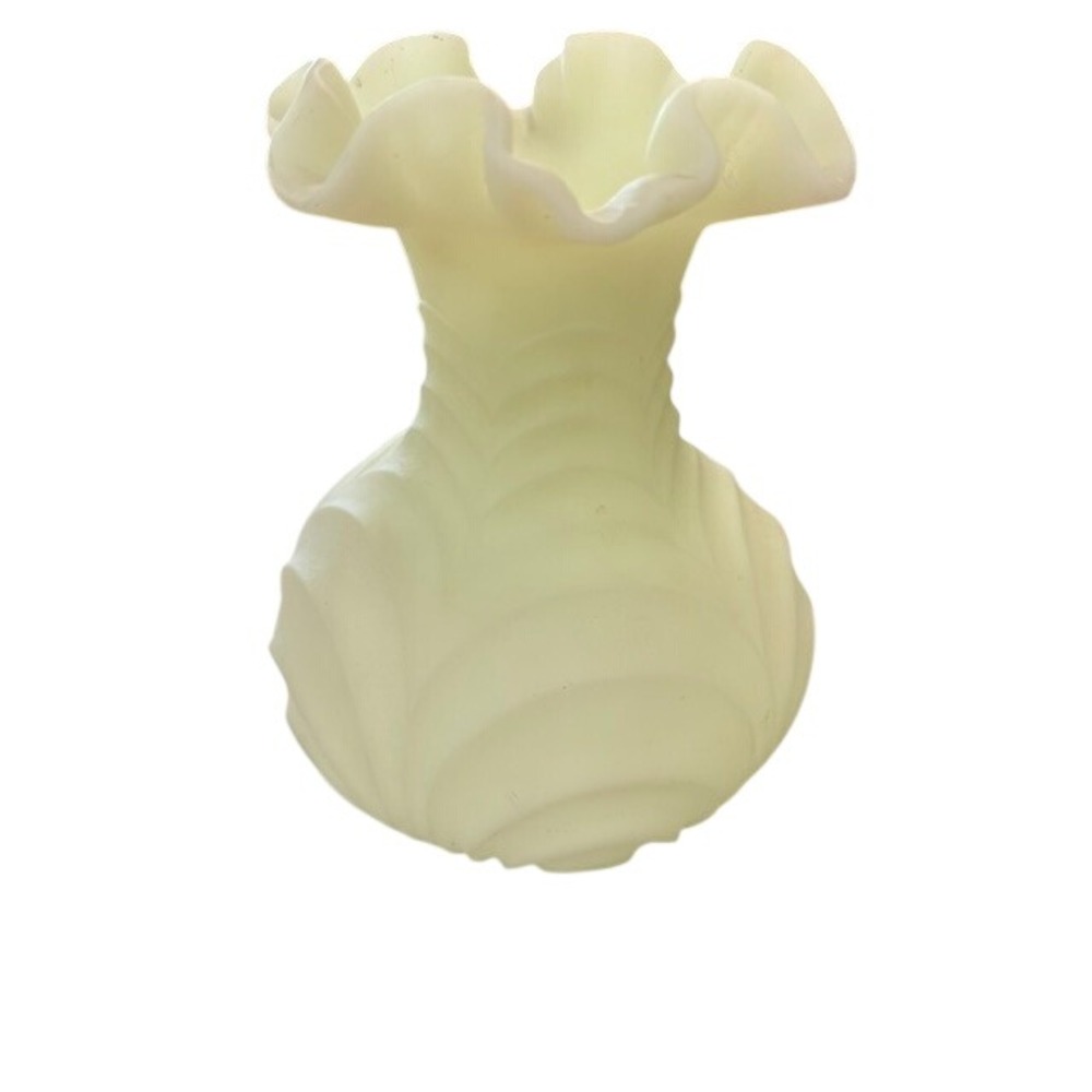 Vintage Fenton Custard Glass Ruffled Vase Satin Uranium Glass Shell Pattern